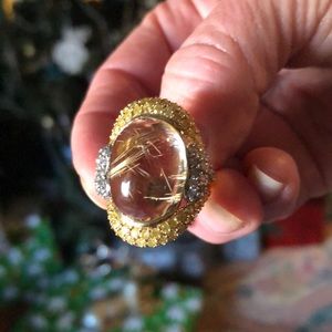 Custom made Golden Rutilated Quartz Ring in Fancy Yellow & white diamonds 14ktYG